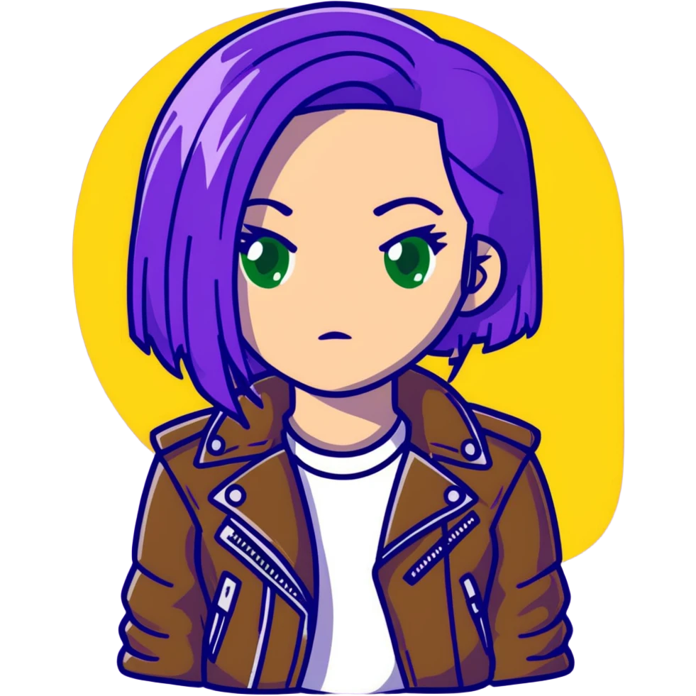 Mal from Descendants, purple hair, leather jacket, green eyes emoji