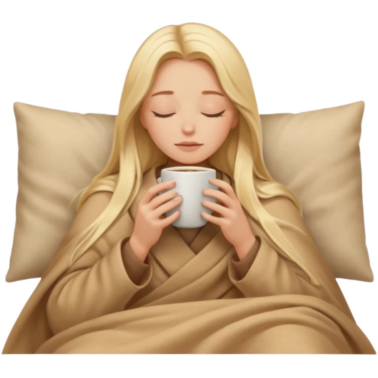 Blonde girl long hair inside a beige blanket sipping coffee eyes closed emoji