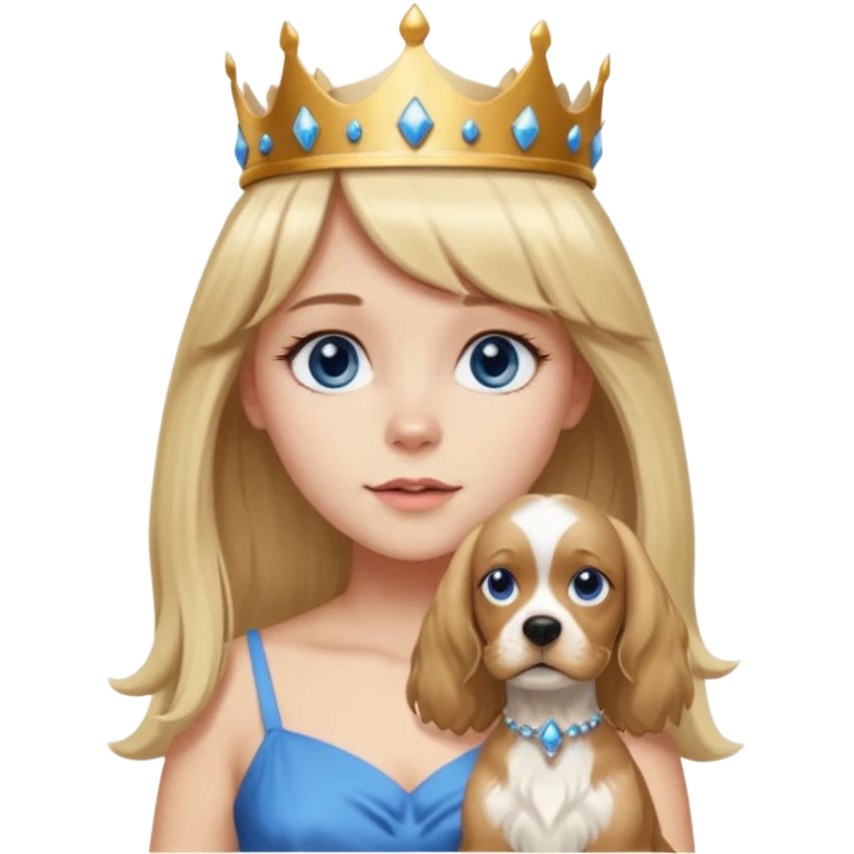simple Blonde girl bust with bangs, long straight seductive hair and blue eyes, and a simple crown. giving cockerspaniel energy emoji