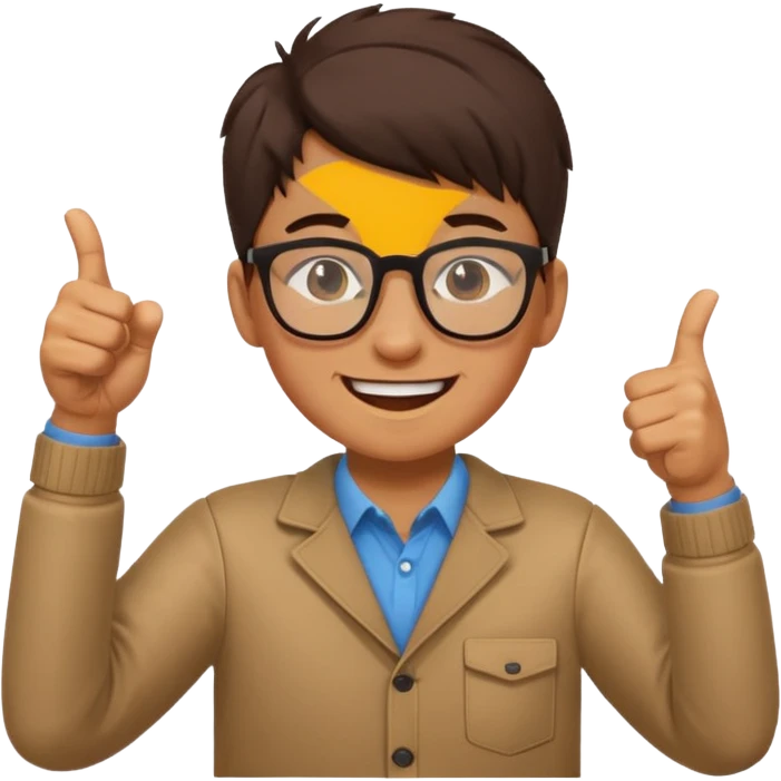 un estudiante que este parado con sus lentes guiñando el ojo y CON LAS MANOS HACIA ARRIBA DANDO LIKE emoji