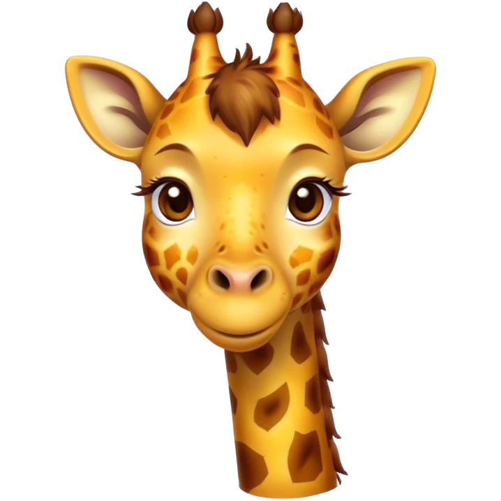 Cinematic Cute Giraffe Portrait Emoji, Head tilted playfully and inquisitively, featuring a glossy, patterned Fur of warm yellows and browns with delicate white spots, round, sparkling eyes filled with curious wonder, Simplified yet irresistibly adorable features, highly detailed, glowing with a warm, friendly glow, high shine, affectionate and gentle, stylized with a touch of savannah whimsy, bright and endearing, soft glowing outline, capturing the essence of a mischievous yet loving giraffe, so playful it feels like it could gallop out of the screen and into your arms! emoji