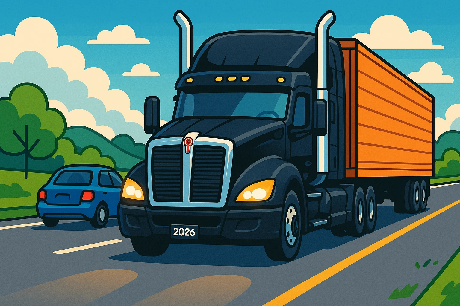 2026 Black Kenworth T680 Sleeper semi truck with tall chrome muffler stacks, headlights on, driving down a road with a car in front, vibrant cartoon style, day scene emoji