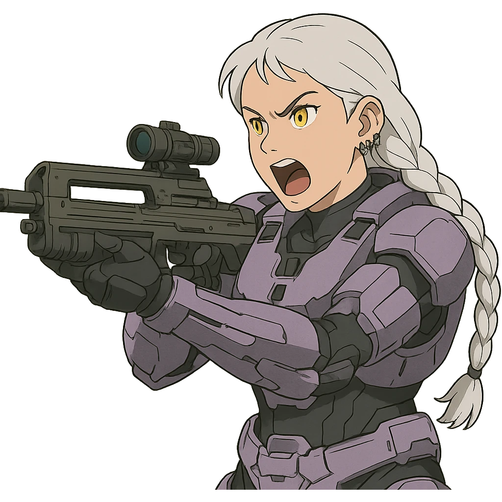 female, wearing reach spartan armor default, long white braid hair, gold yellow eyes, attention pose, halo series, no helmet, the armor is lavender color scheme, shoulder pad off. DDD bust size fitting. Punk gothic cyberpunk, brandishing a dmr, aiming down the sights and yelling emoji