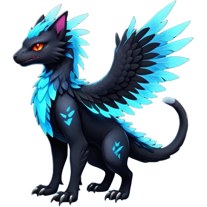 Black Dark Exotic Beaked Feathery Nocturnal Neon-glowing Abyssal Nightly Abyss-Cat-Gryphon-Salandit-Nargacuga-Silvally-Fakémon Creature (full body) emoji