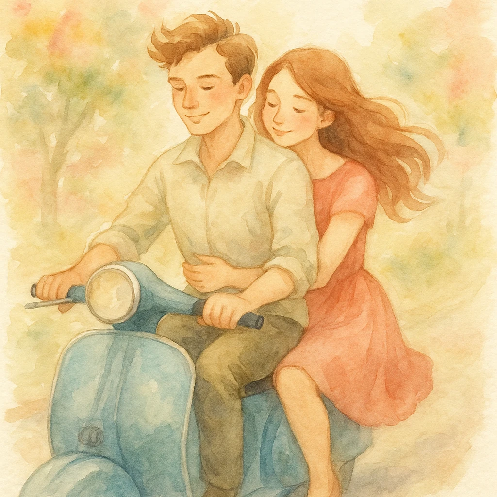 watercolour style illustration of a couple riding a scooter, soft colors, romantic atmosphere emoji