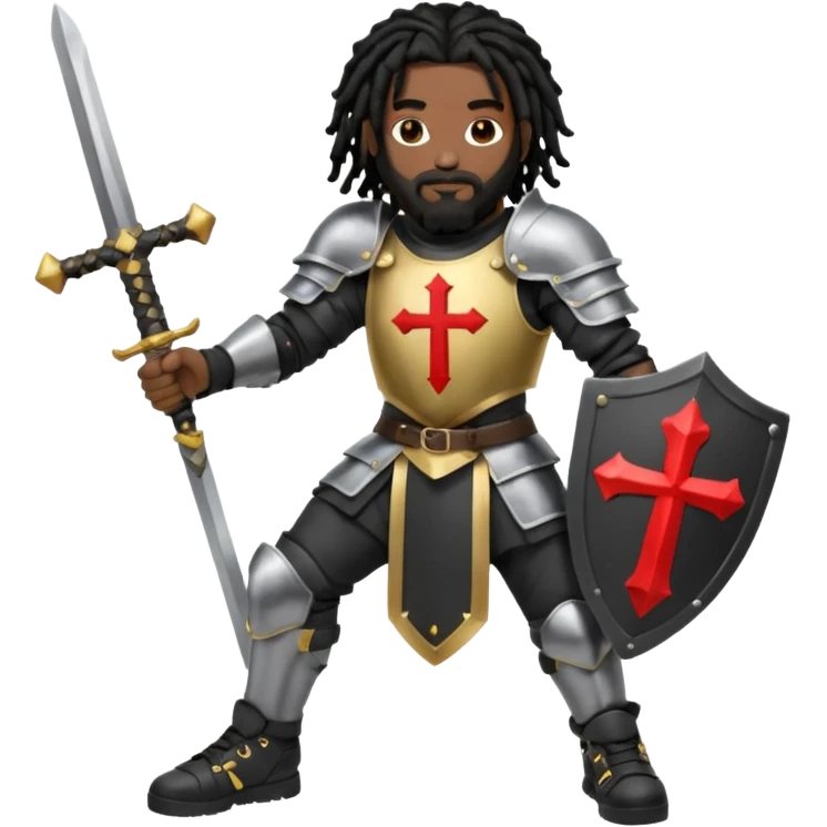 African American man with shoulder length black dreadlocks with black beard wearing knight body armor holding a double edge sword and a shield with a cross on it wearing black low top Air Force 1 sneakers emoji