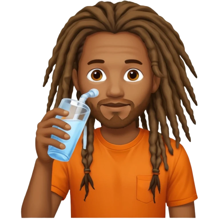 Brownskin man with long dreadlocks orange shirt drinking water emoji