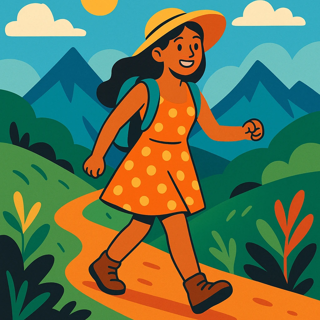 girl in a sundress hiking on a trail, mountains in the background, smiling emoji