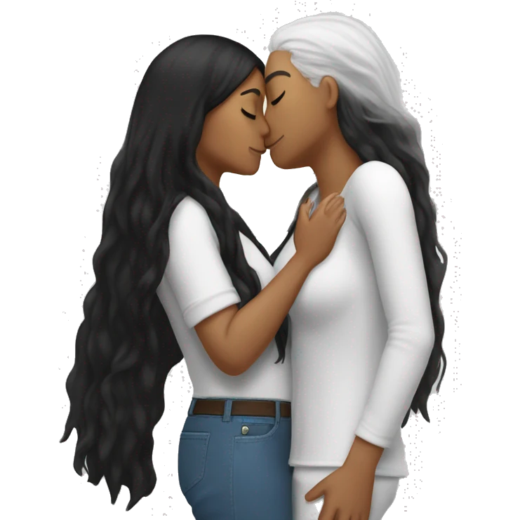 Lesbians with long black hair and white skin kissing passionately emoji