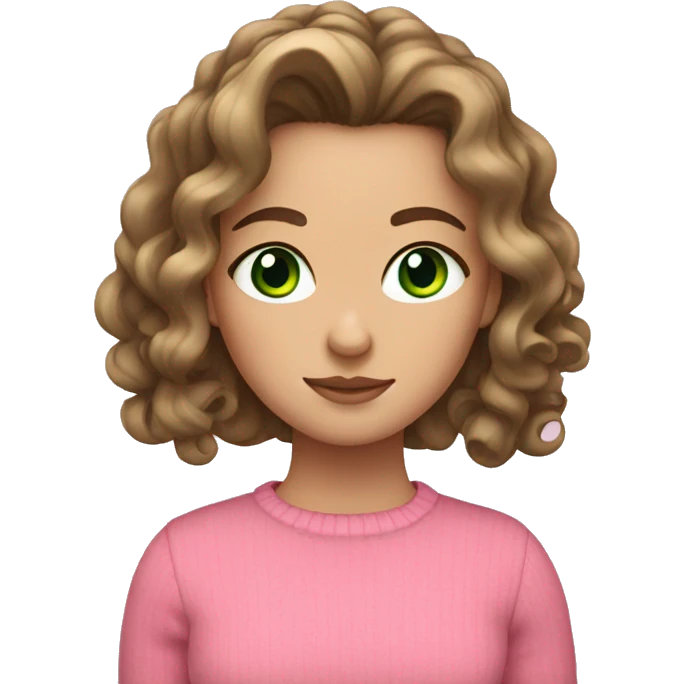 White girl with brunette curled hair and green eyes and a pink sweater emoji