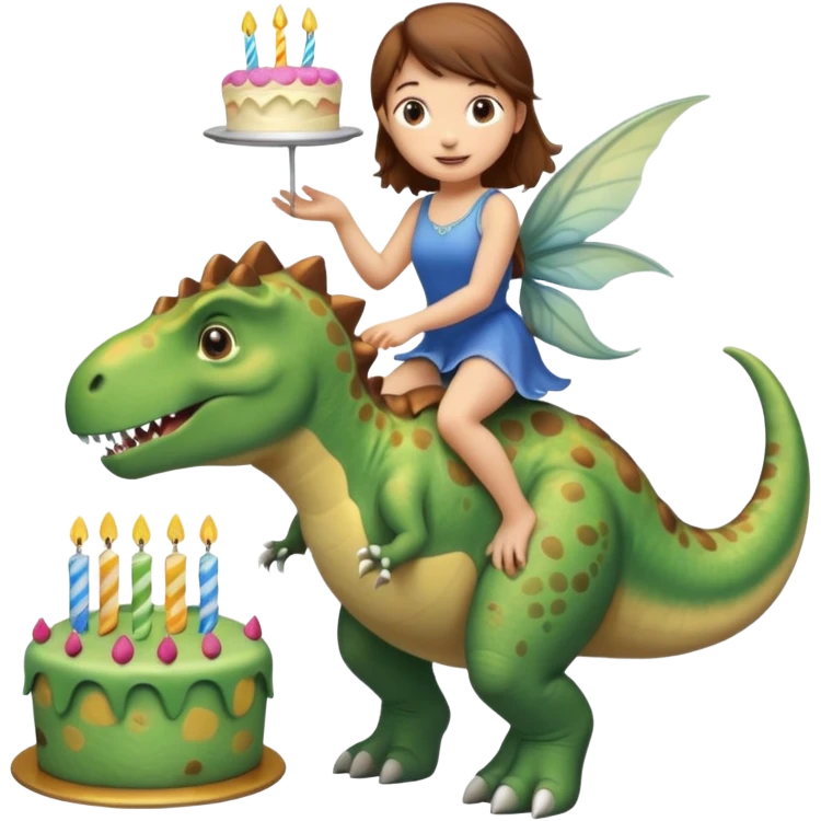 Fairy with brown hair riding a dinosaur presenting a birthday cake emoji