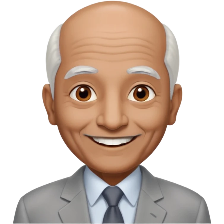 70 yr old indian man, almost bald, some white hair, light grey business suit, big smile, dark brown skin, no moustache, dark brown eyes
 emoji