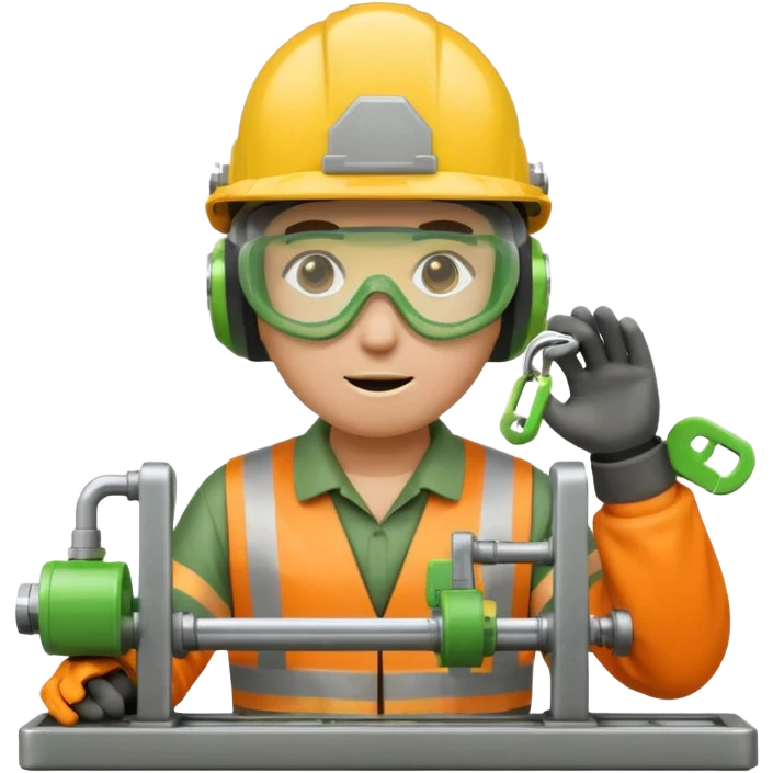 modern emoji-style icon of factory worker in full PPE helmet goggles gloves operating lathe with transparent safety barrier green padlock symbol overlay small warning signs yellow orange gray green industrial safety emoji