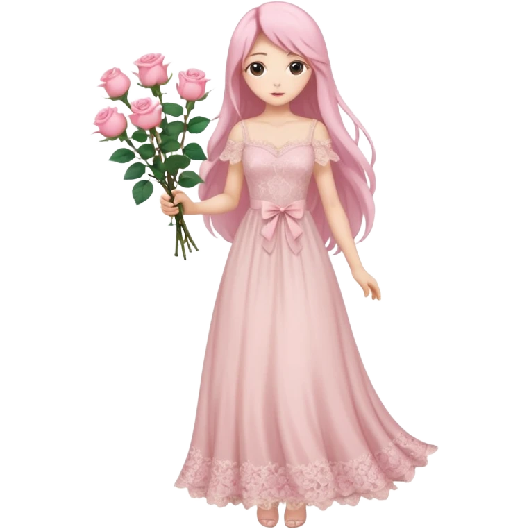 pastel anime woman with long hair pink roses lace dress full body emoji