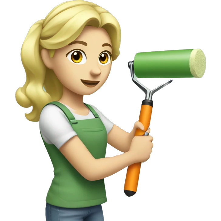 Blonde girl painting a wall sage green using a paint roller  emoji