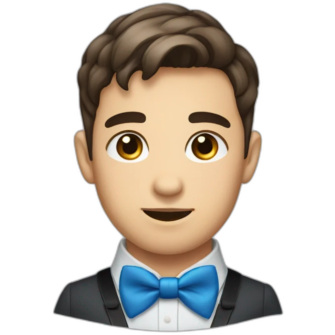 A young male tennager with a round face and very short brown hair and a mole on chin wearing a blue bow tie emoji