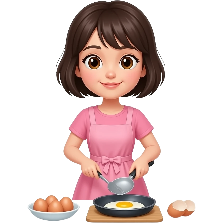 chica de cabello oscuro y corto, con ojos color cafe, con vestido color rosa, cocinando huevos emoji