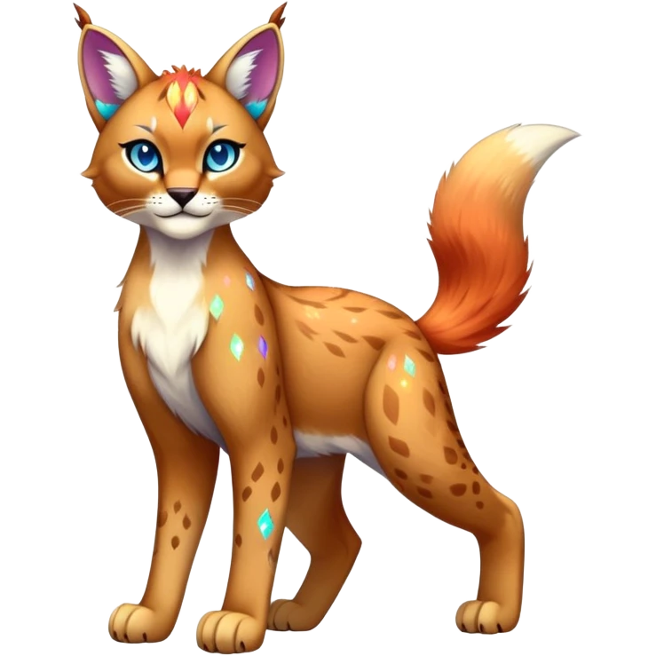 Vibrant multicolored Falvie-Fionbri-Bobcat-Caracal-creature-sparkle-feline-fursona, full body emoji