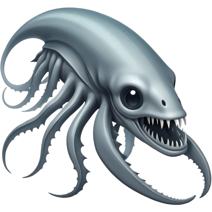 Sad Reaper Leviathan from Subnautica game, fearsome underwater creature with long mandibles, looking sad emoji