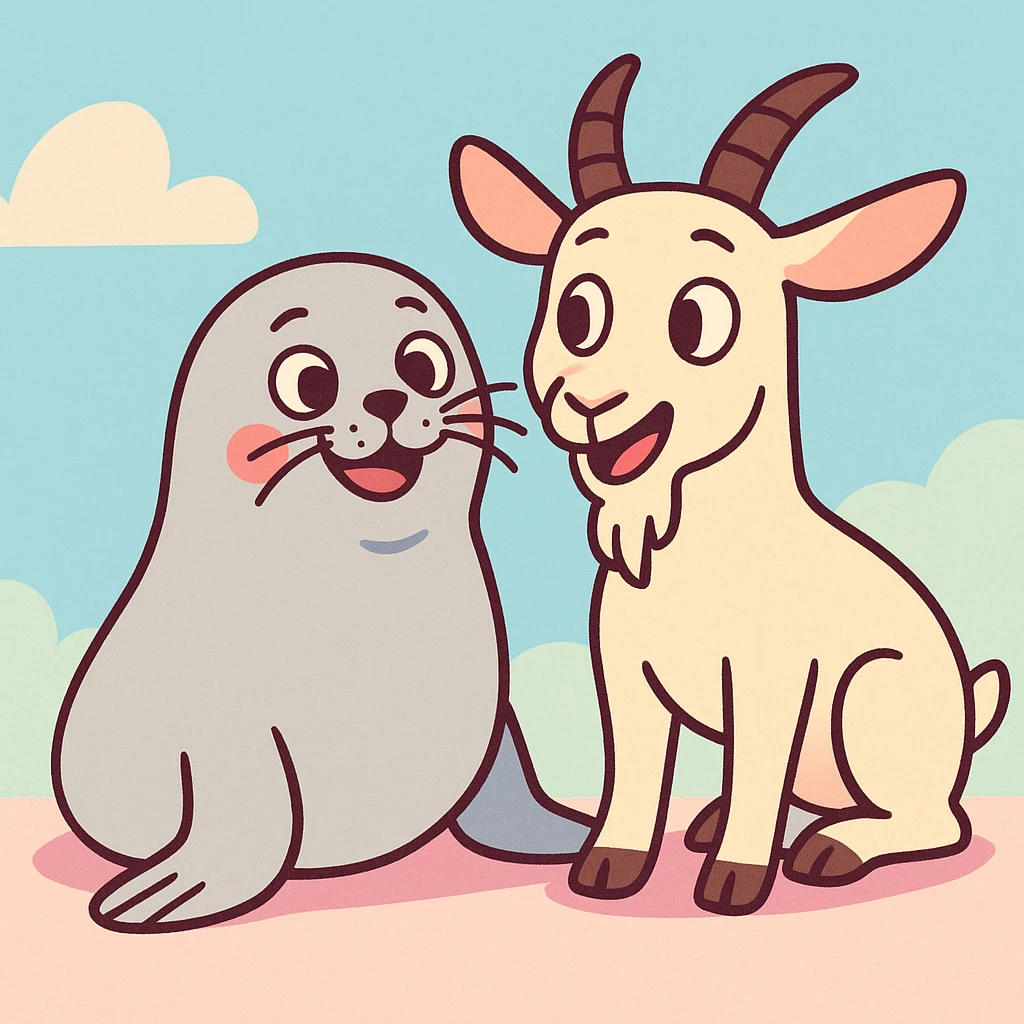 a seal and a goat sitting together, cartoon style, pastel colors emoji