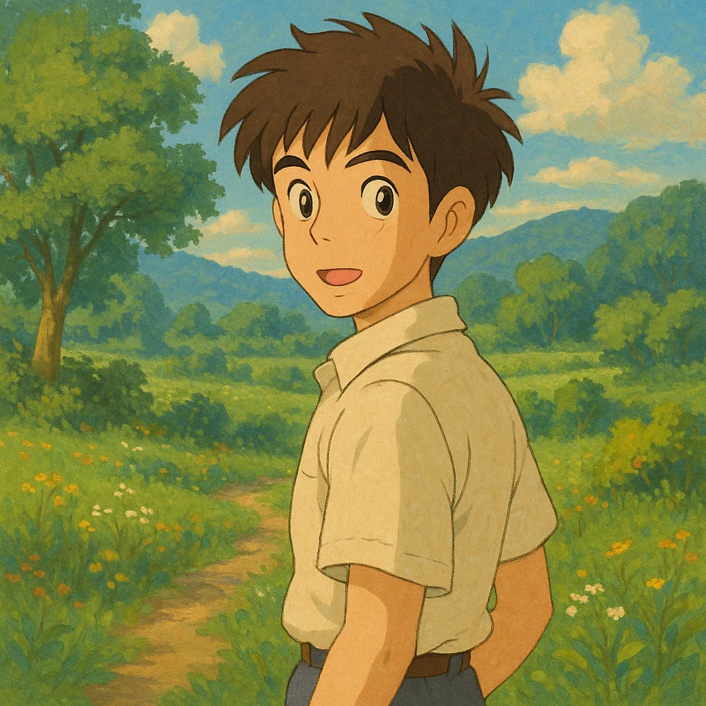 male torso point of view in ghibli style, detailed and expressive emoji