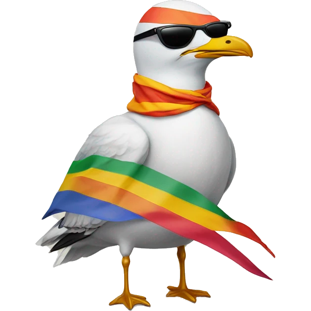 a seagull wearing a lesbian flag as a cape and also wearing sunlases emoji