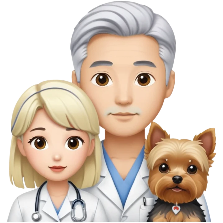 Blonde nurse and hot asain Korean man with one silver hair yorkie.  emoji
