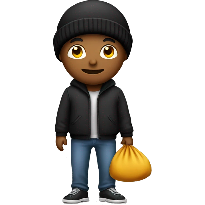A man with a black beanie and a money bag behind his back emoji