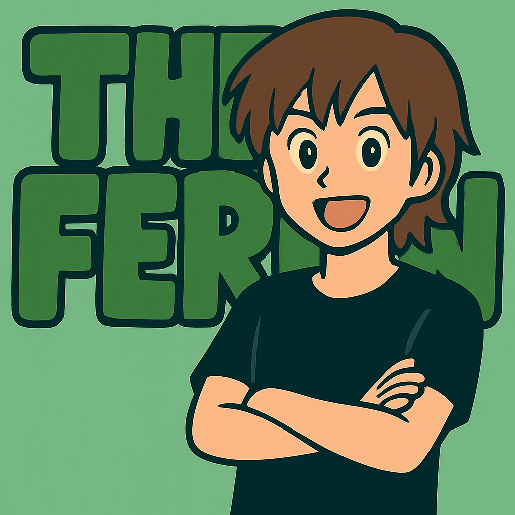 Edit the anime man to wear a black t-shirt with no jacket, standing in front of green bubble letters that say 'The Fern'. Keep his medium-length brown hair and expressive anime face. Maintain a playful, bold vibe in the style of the original image. emoji
