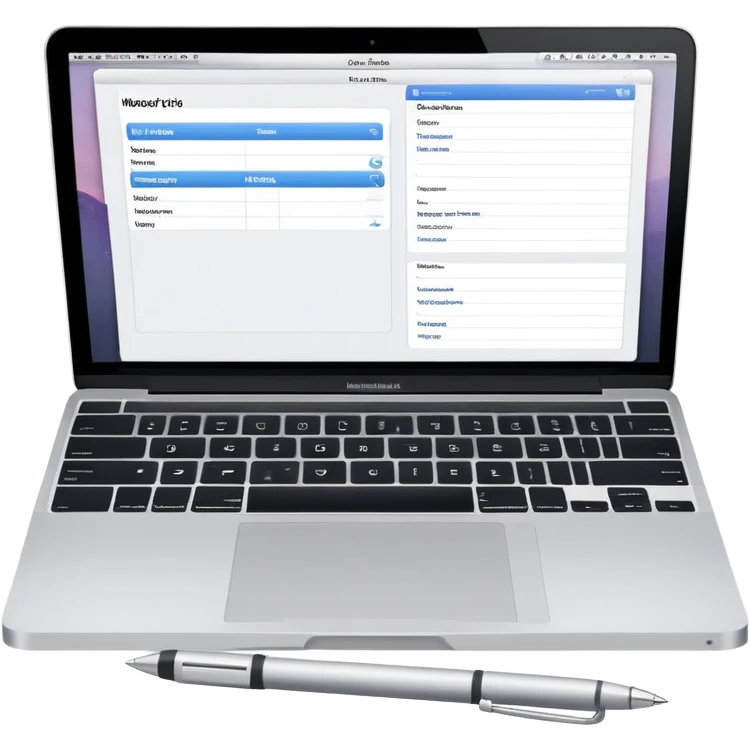 MacBook with online booking system and classic paper notebook with pen side by side, both objects fully visible, no background, no cut-off edges emoji