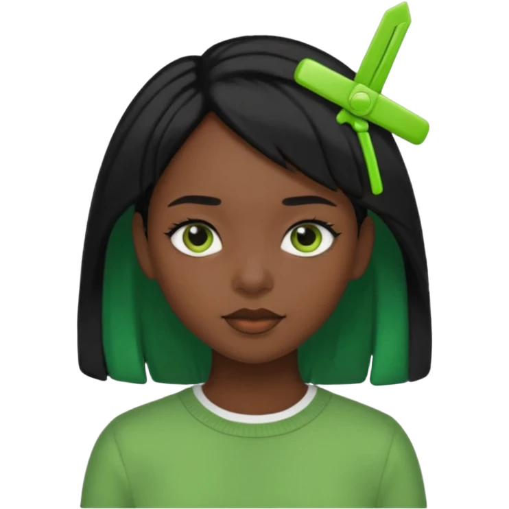 black girl with black hair and green color hairclip emoji