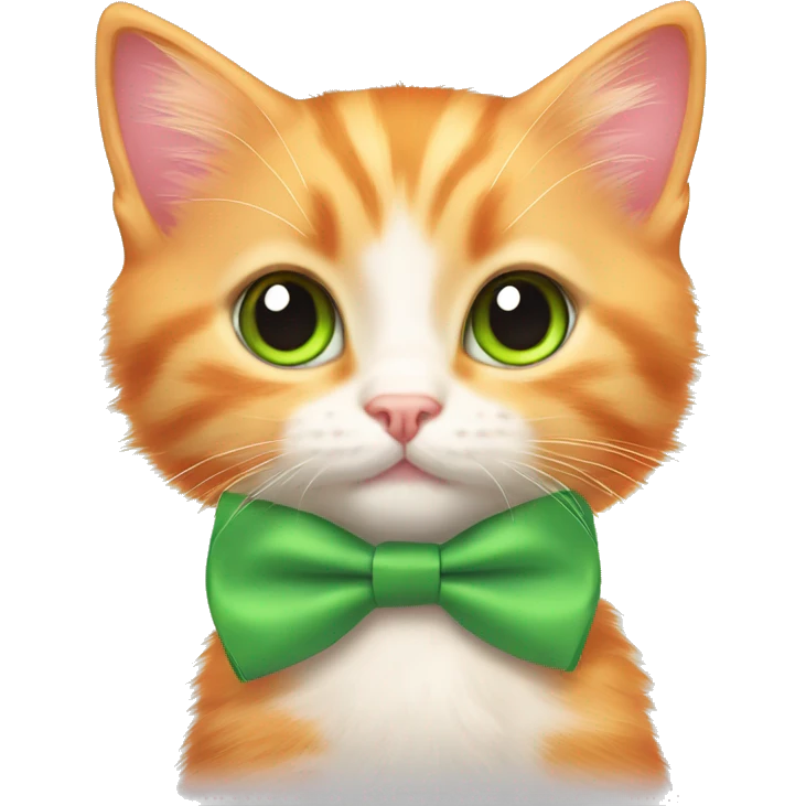Orange kitten sitting down and a pink bow tie around his neck and has green eyes emoji