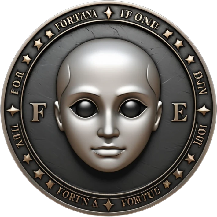 Emoji style, luxury gothic coin made of blackened metal, “FORTUNA” engraved in refined fashion typography, heavy sculptural form, subtle worn metal texture, avant-garde editorial aesthetic, no glow, no neon, flat emoji design, centered, transparent background emoji