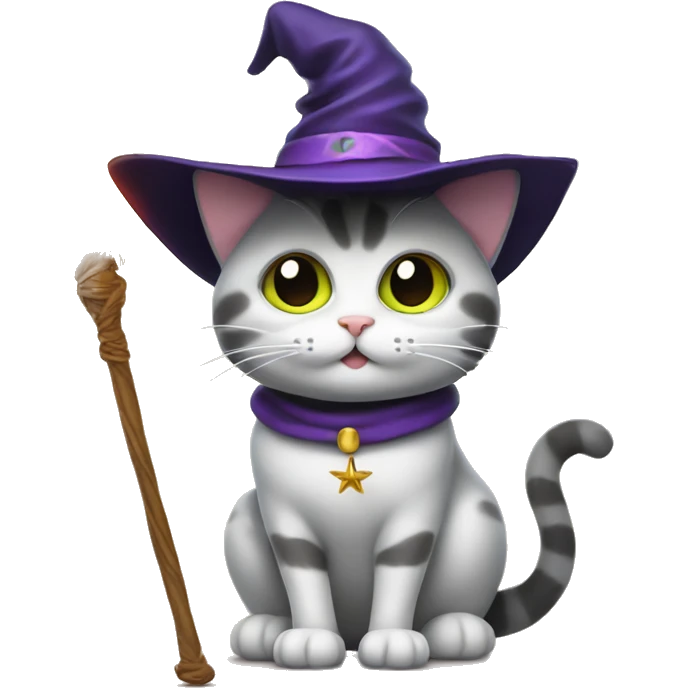 Cat with witch hat and wand granting a wish emoji