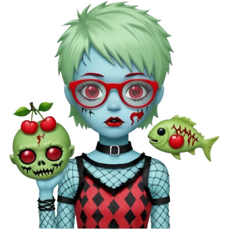 White hair, Ghoulia yelps monster high doll in scene/emo style cherry print dress with fishnet sleeves, clothes, thin, small, red, rectangle glasses, pale white-blue skin, pale-green shaggy short hair , zombie scars , boy, punk choker emoji
