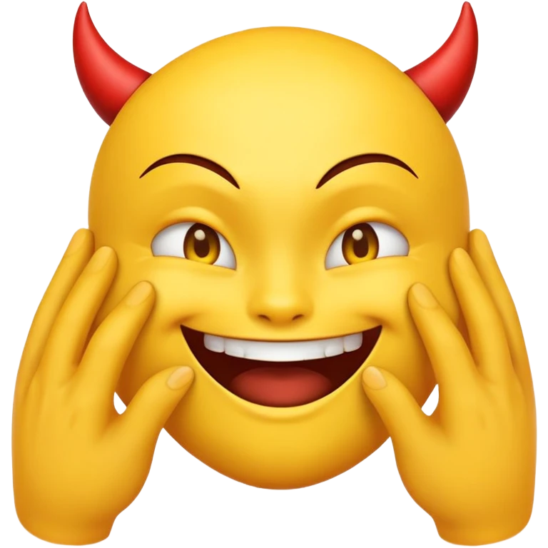 yellow emoji face with devil-like grin and hands rubbing together deviously emoji