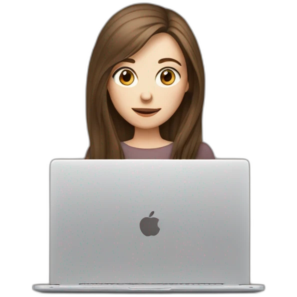 woman with pale skin and brown long hair hiding behind a very large laptop emoji