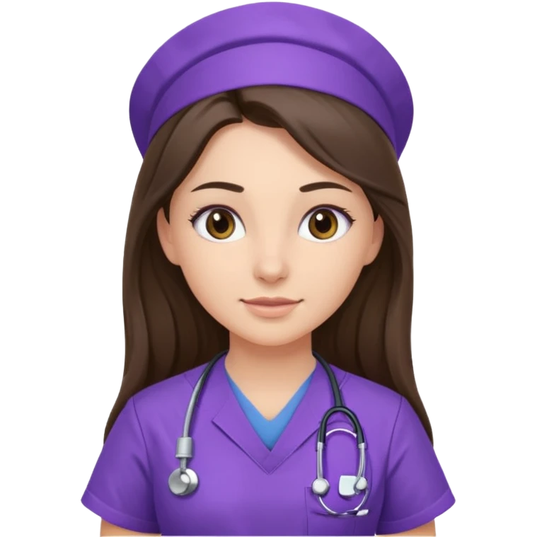 pretty brunette nurse with long hair in purple scrubs emoji