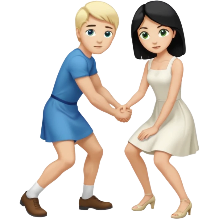 Man, black Hair, blue eyes, whole body, Woman, bending knees, blonde, green eyes, White Dress, emoji