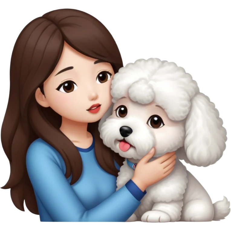 Asian girl with long brown hair kissing one white bichon emoji