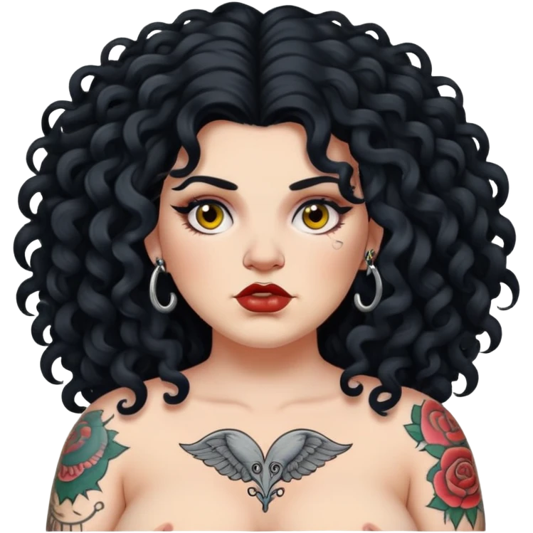 Chunky white woman with long black curly hair  and tattoos and piercings emoji