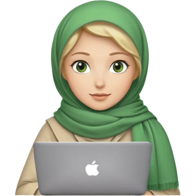 blond women skine , with green eyes , with scarf hijab ,dont show hir hair, with macbook emoji