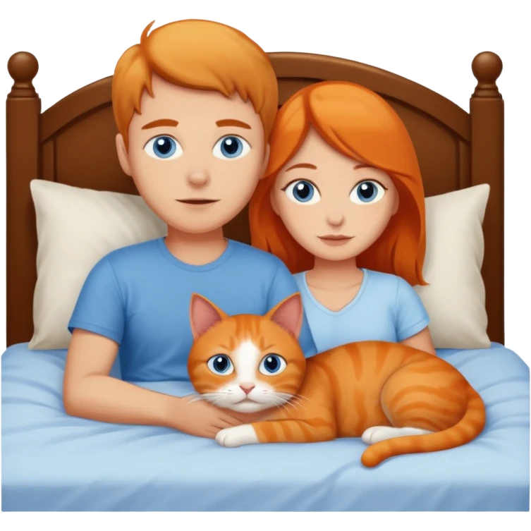 Blue eyed man and brown eyed girl laying in bed with orange cat emoji