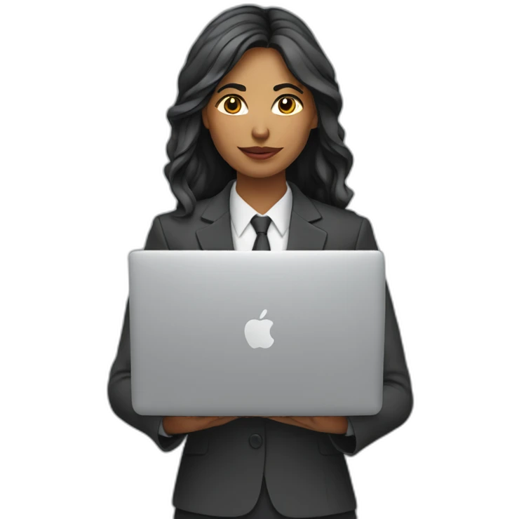 Indian woman with layered hair wearing suit typing on a MacBook emoji