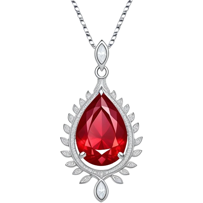 teardrop ruby pendant with fiery light, tiny phoenix feather emerging, haloed by shimmering white stones, and a silver chain emoji
