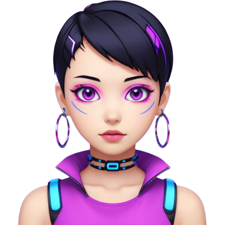 Emoji estilo anime cyberpunk: garota com cabelo curto preto, olhos roxos expressivos, expressão confiante, argolas grandes, pele iluminada por neon azul e rosa, visual moderno e vibrante, cores fortes e estilo futurista simplificado. emoji