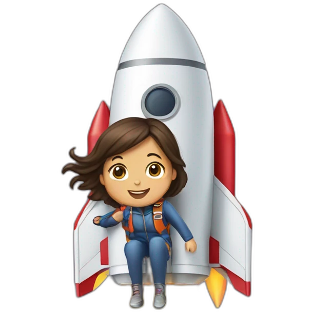 Girl hanging on to a rocket emoji