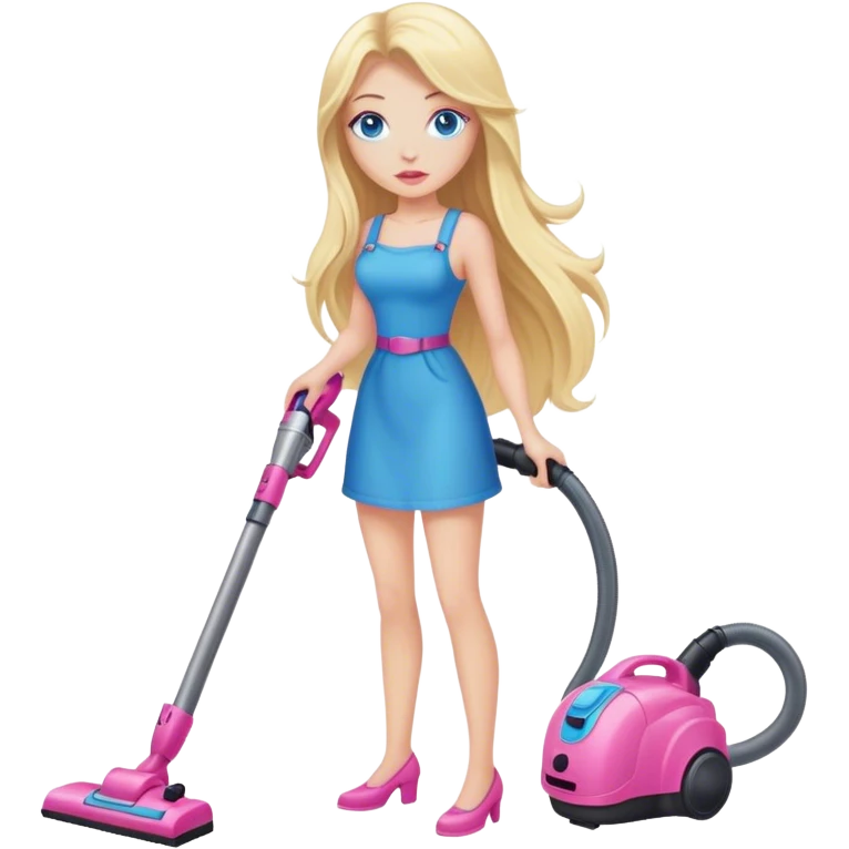 Cinematic realistic blonde with long hair, blue eyes and pink lips vacuums emoji