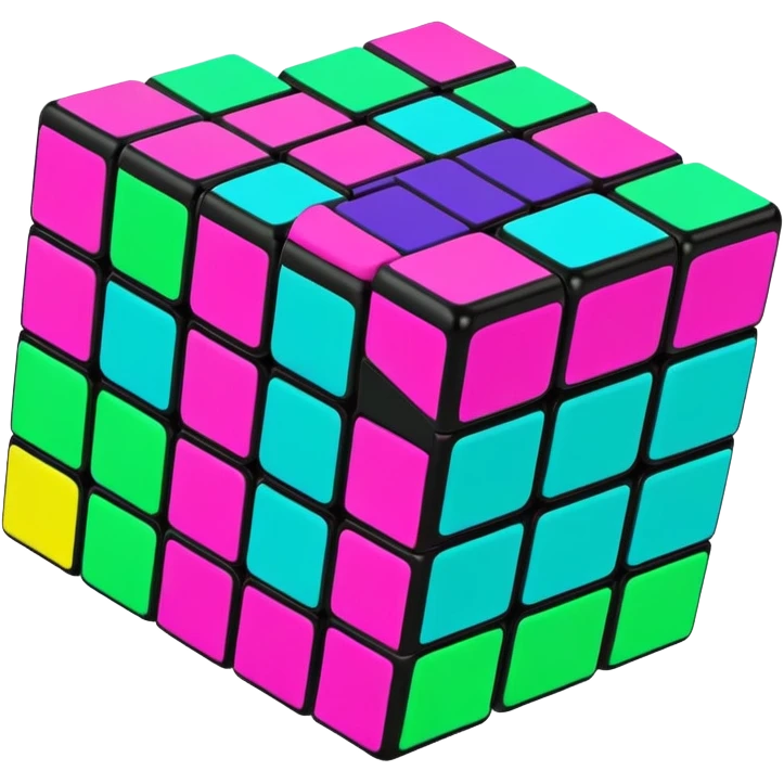 A 3x3 Rubik's Cube in mid-turn, showing movement, with vibrant 90s American colors like neon green, purple, turquoise and hot pink emoji