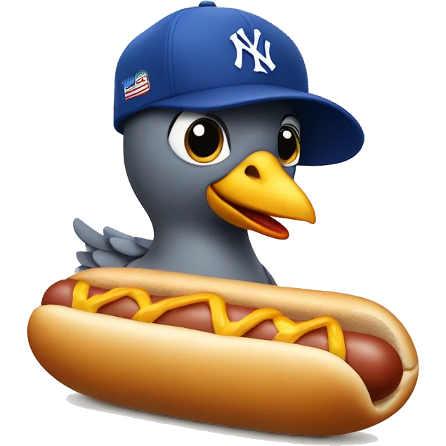 pigeon wearing a blue New York yankee hat while standing on a hotdog emoji